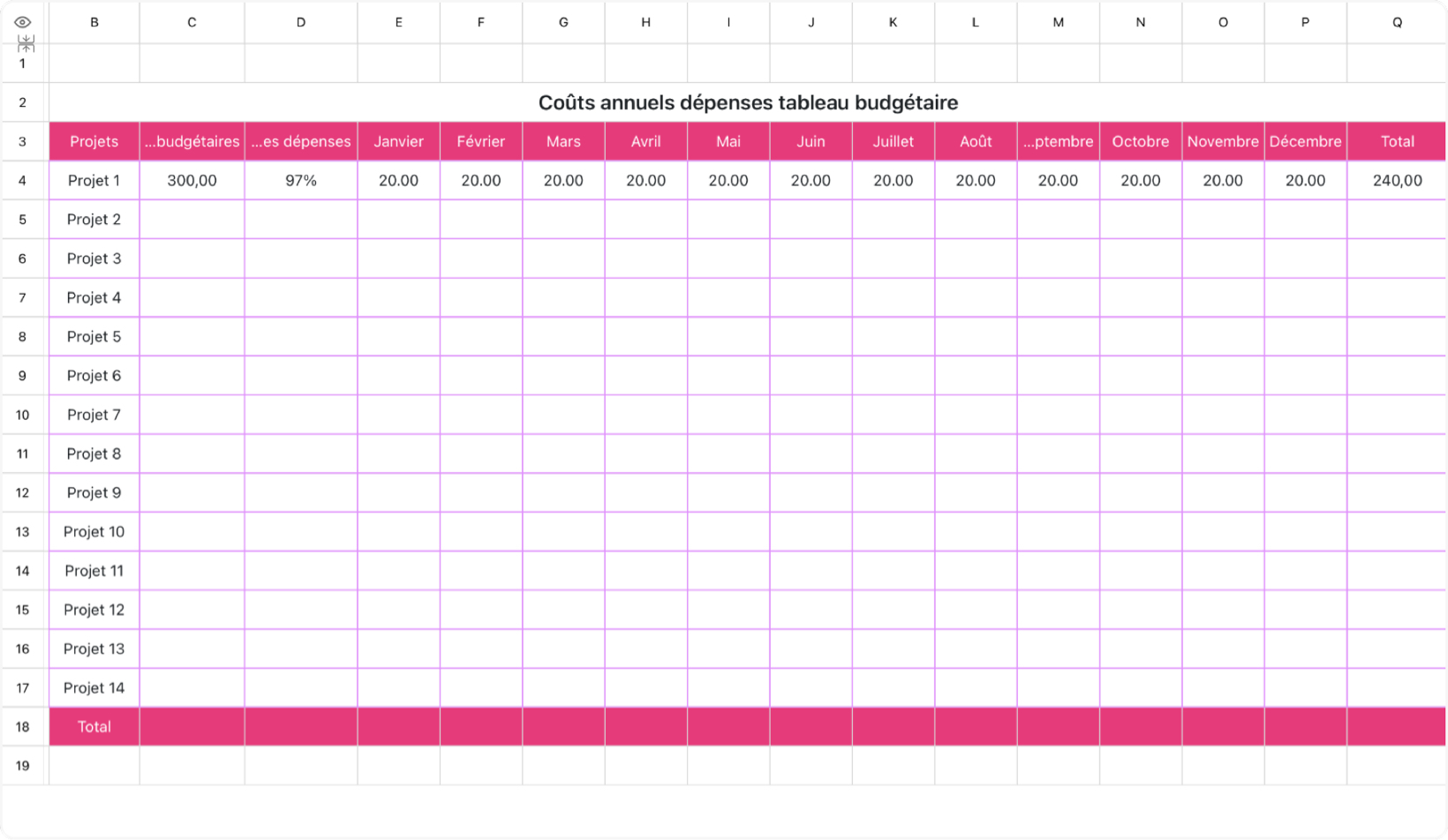 Coûts annuels dépenses tableau budgétaire